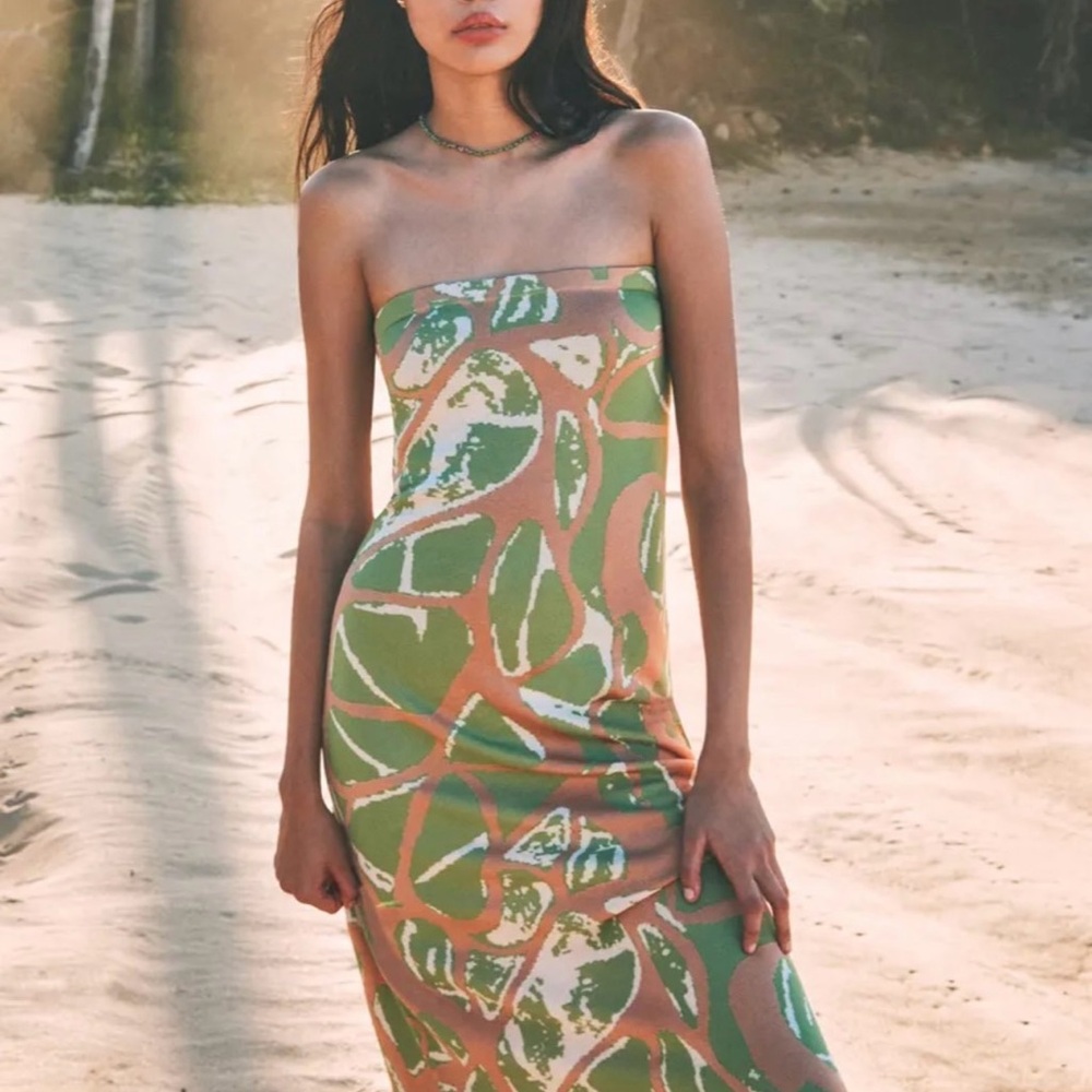 Alexis Strapless Dress in Green and Tan